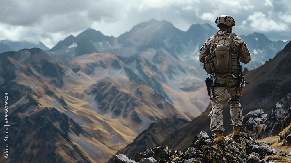 Soldier with climbing gear in mountain terrain Soldier with climbing gear in mountain terrain