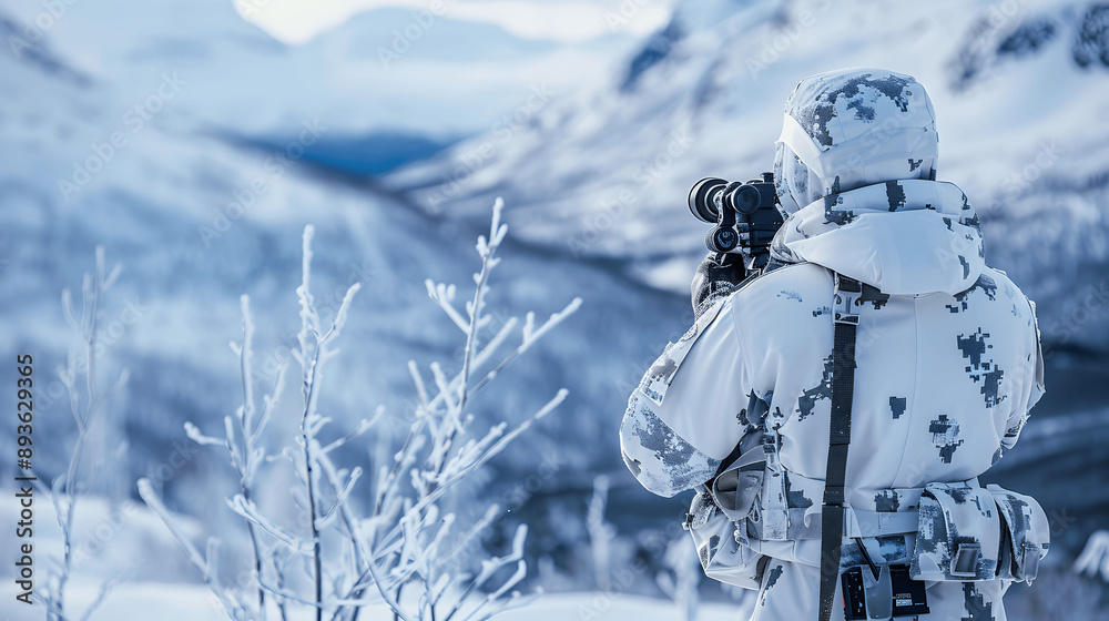 Soldier in snow-covered landscape with white camouflage Soldier in snow-covered landscape with white camouflage
