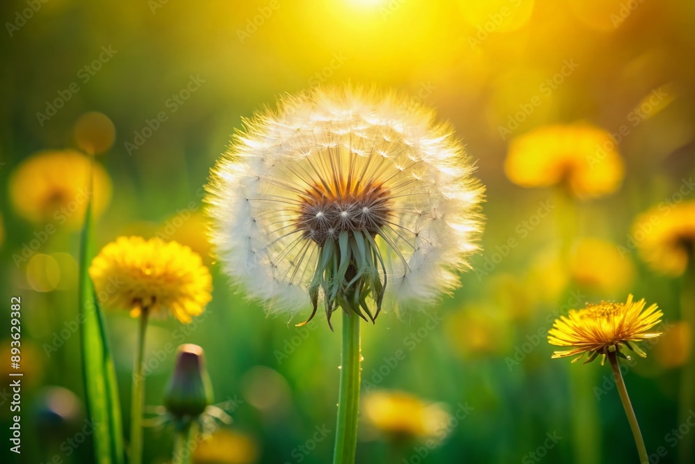 Φωτογραφία Vibrant yellow dandelion flower with delicate petals and fuzzy seedhead stands out against a soft, blurred green background in warm natural light