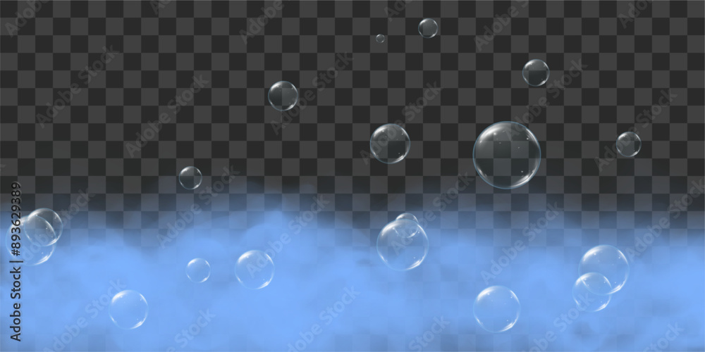 Blue bubble bath with soap bubbles flying up. Realistic 3D vector isolated on transparent background. Blue bubble bath with soap bubbles flying up. Realistic 3D vector isolated on transparent background.