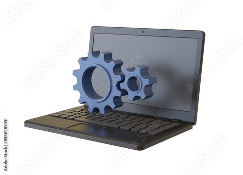 laptop with gears, work online concept icon 3d render