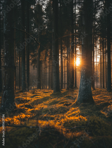 Dense forest with rays of sunlight filtering through the trees