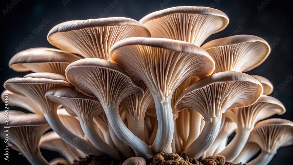 Close-up of delicate oyster mushrooms with soft, velvety caps and thin stems, showcasing intricate details and subtle earthy tones against a dark background.