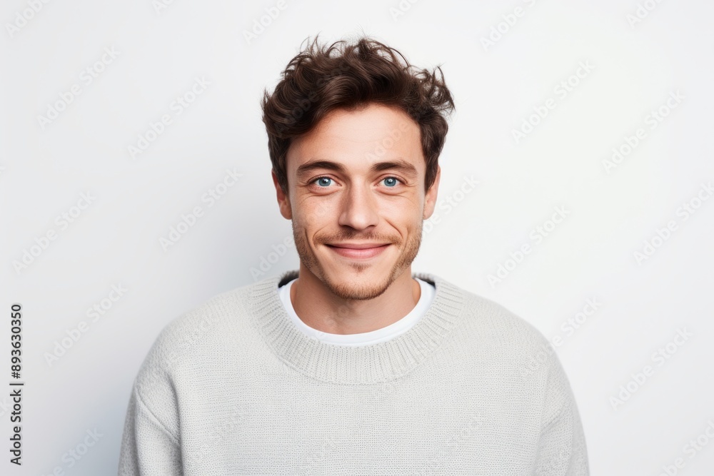 Portrait of a satisfied man in his 20s dressed in a warm wool sweater over white background Portrait of a satisfied man in his 20s dressed in a warm wool sweater over white background