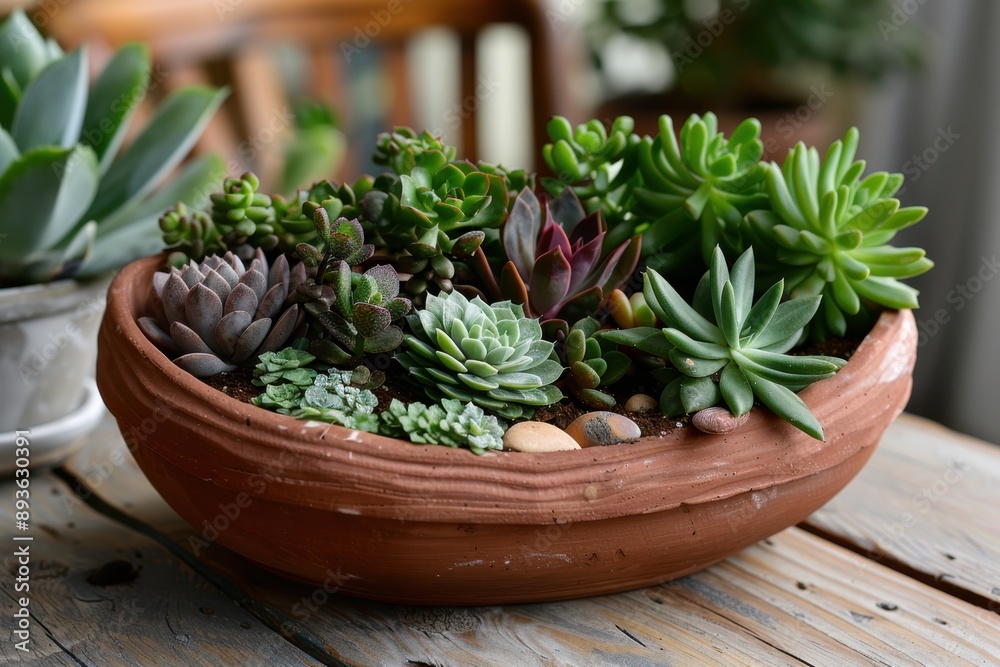 An array of succulent plants arranged inside a round terracotta planter is shown, highlighting the beauty and diversity of succulents in a home gardening setting. An array of succulent plants arranged inside a round terracotta planter is shown, highlighting the beauty and diversity of succulents in a home gardening setting.