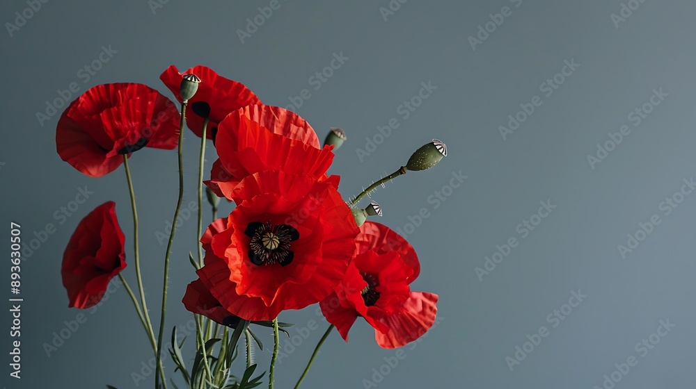 Obraz premium Remembrance Sunday Tribute with Red Poppies on Solid Background