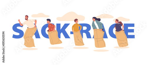 Characters Participating In Fun Sack Race. People Are Jumping In Sacks, Enjoying An Outdoor Activity, Vector Concept