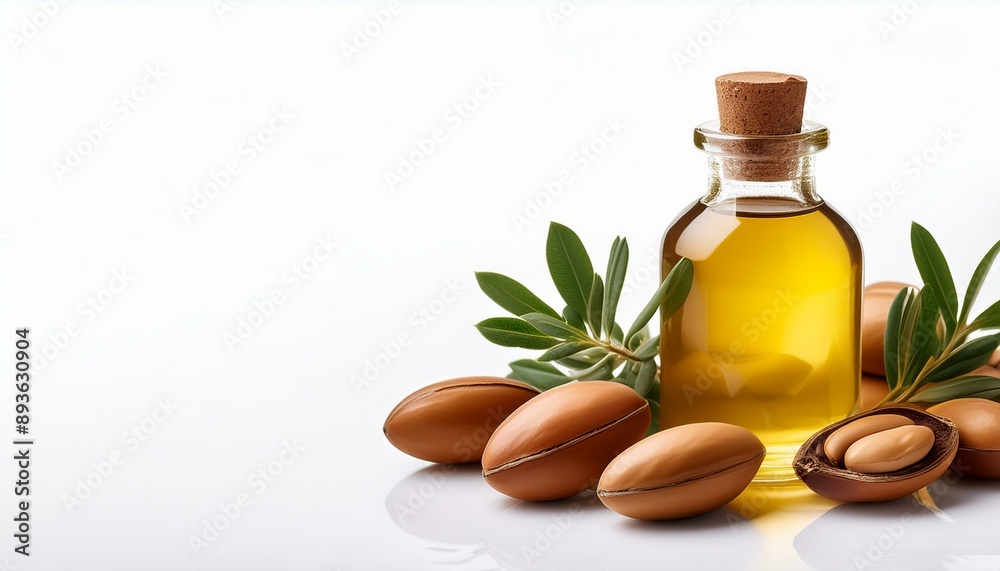 Argan seeds and oil isolated on a white banner background. Argan oil nuts with plant. Cosmetics and natural oils background Argan seeds and oil isolated on a white banner background. Argan oil nuts with plant. Cosmetics and natural oils background