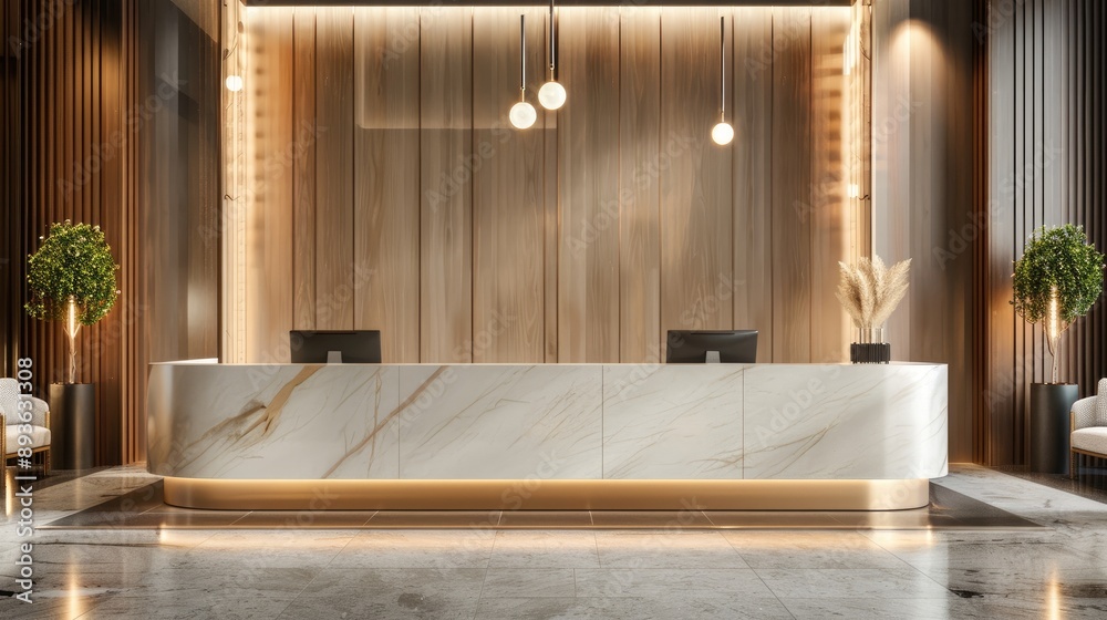 Welcoming luxury hotel lobby interior with a stylish reception desk and ...