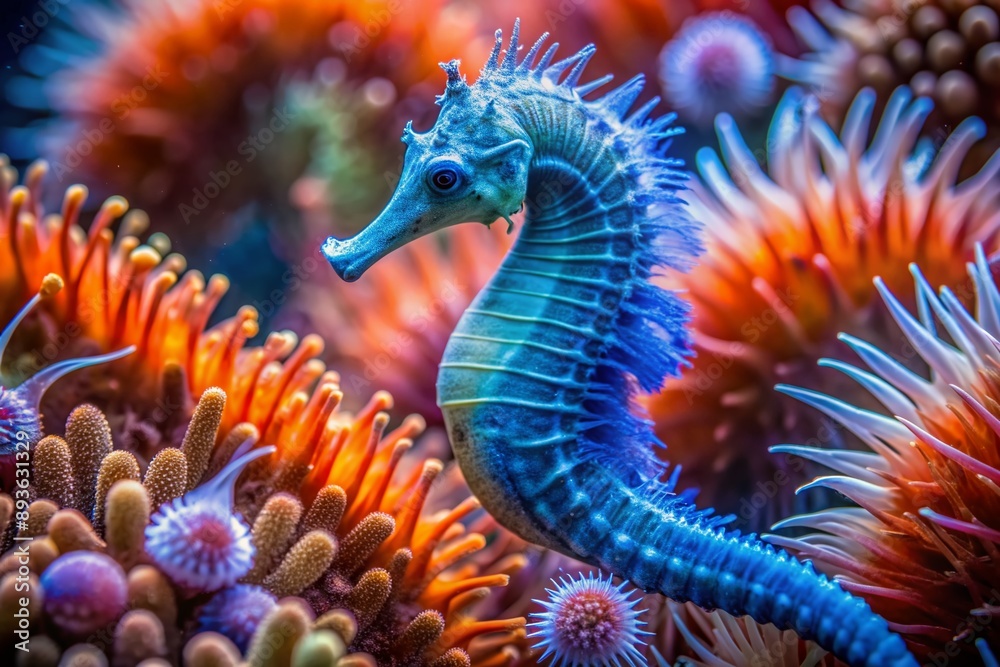 Vibrant electric blue seahorse tail dominates the frame, surrounded by delicate coral and sea anemones, in a stunning underwater macro photography shot. Vibrant electric blue seahorse tail dominates the frame, surrounded by delicate coral and sea anemones, in a stunning underwater macro photography shot.
