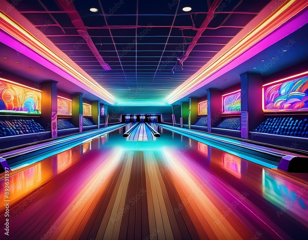 Bowling alley neon lights. AI generated Bowling alley neon lights. AI generated