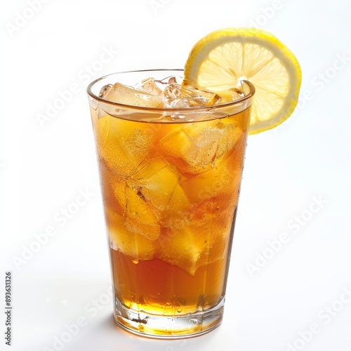Iced tea and lemonade beverage in a glass with ice and a lemon slice