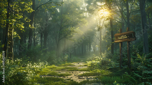 Dense forest with a sign indicating carbon offset project serene and hopeful mood nature style wide-angle shot at sunrise lighting shot on IMAX laser photorealistic, 8k, HDR, intricate details photo