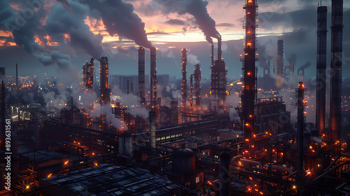 Industrial plant with green technologies contributing to carbon credits innovative and eco-friendly mood industrial style wide-angle shot at dusk lighting shot on IMAX laser photorealistic, photo