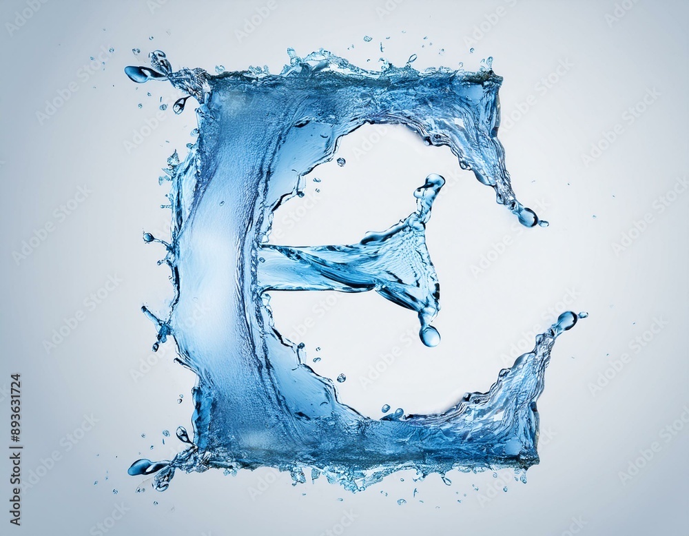Obraz premium Capital letter E made of blue water splashes or ice on light background. Scrapbook activity. Generative AI