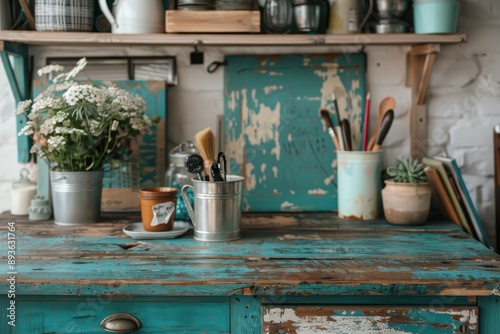 A decorative blue rustic kitchen table featuring various cooking utensils and fresh flowers in a quaint and cozy kitchen setting, emphasizing a vintage aesthetic and homely feel. photo