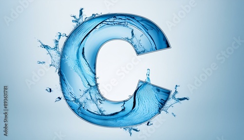 Capital letter C made of blue water splashes or ice on light background. Scrapbook activity. Generative AI
