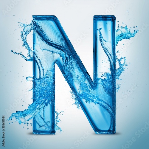 Capital letter N made of blue water splashes or ice on light background. Scrapbook activity. Generative AI