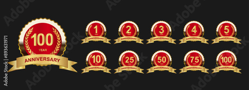 Collection of anniversary symbols. Anniversary celebration design premium badge red gold color for company profile, booklet, flyer, magazine, brochure, web, invitation or greeting card.