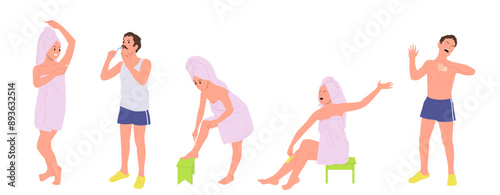 People cartoon character removing hair from body with wax and razor set isolated on white background
