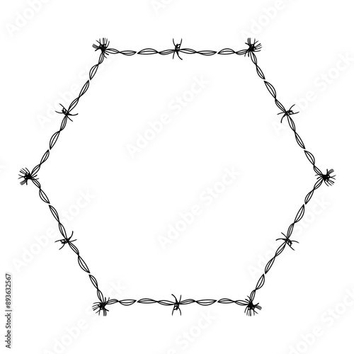 wire barb silhouette frame, hexagon shape, wire frame graphic art line