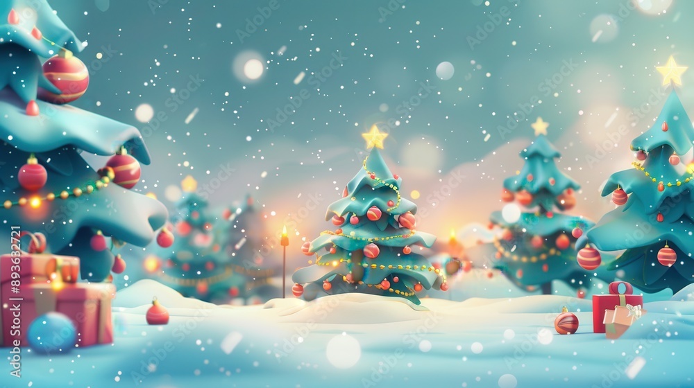 Christmas background with Christmas trees and decorations on snow, Christmas tree toy boxes, Christmas lights, Christmas background with bokeh effect. Christmas background with Christmas trees and decorations on snow, Christmas tree toy boxes, Christmas lights, Christmas background with bokeh effect.