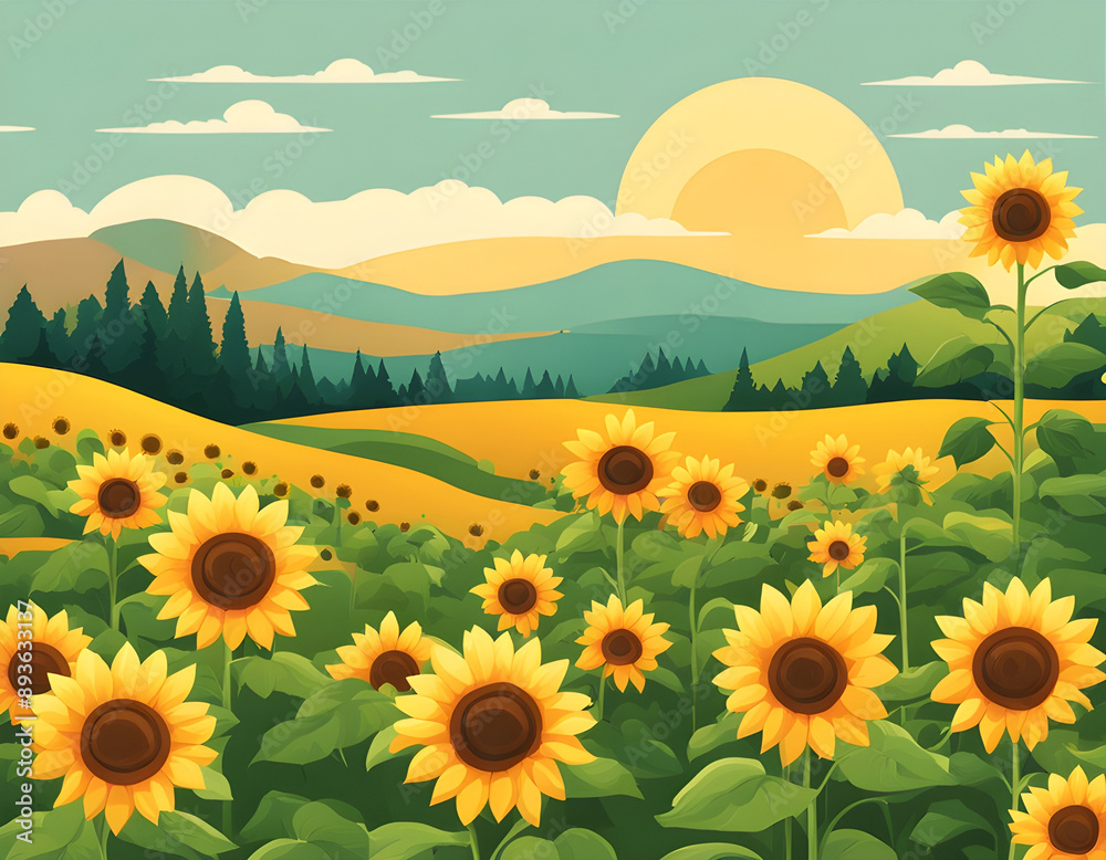 Fototapeta premium Summer sunflower field landscape illustration