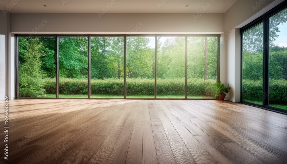 Empty room of modern contemporary loft with wooden floor and large windows to garden. Copy space. Generative AI Empty room of modern contemporary loft with wooden floor and large windows to garden. Copy space. Generative AI