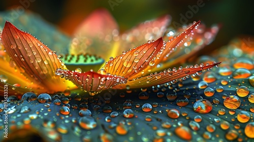 Extreme macro photograph of a lotus leaf surface, superhydrophobic nanostructures visible, water droplets forming perfect spheres, shallow depth of field,  photo