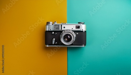 Film camera on a color minimal background. Photography, lifestyle concept