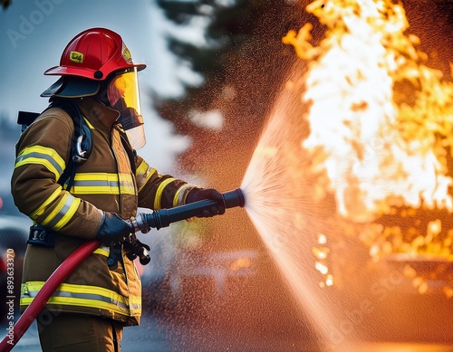 Focus of firefighter with water hose extinguishing fire on street. AI Generation