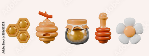 Set of 3D icons of beekeeping business. Filled honeycombs, beehive, honey jar, dipper, chamomile