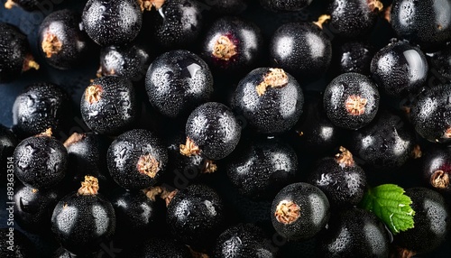 Fresh ripe blackcurrant with water drops background. Berries backdrop. Generative AI