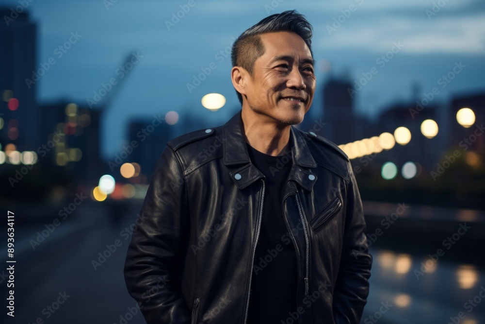 Fototapeta premium Portrait of a glad asian man in his 50s sporting a classic leather jacket on vibrant city skyline