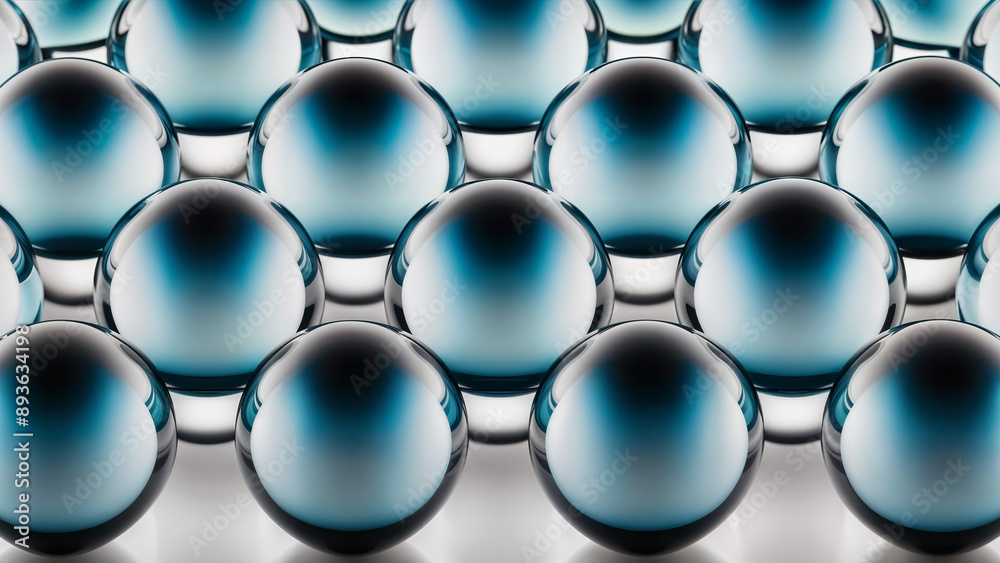 Pattern of shiny round clear glass spheres in multiple rows with white ...