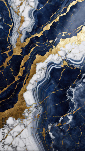 Illustration of deep blue, gold and white veins marble texture Background