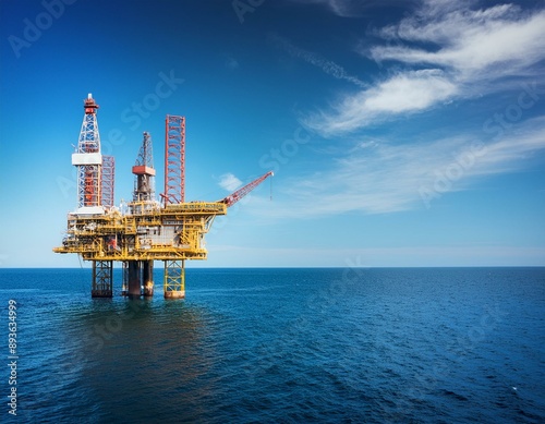 Oil rig in the sea on a sunny day with blue sky. Offshore oil drilling. Generative AI
