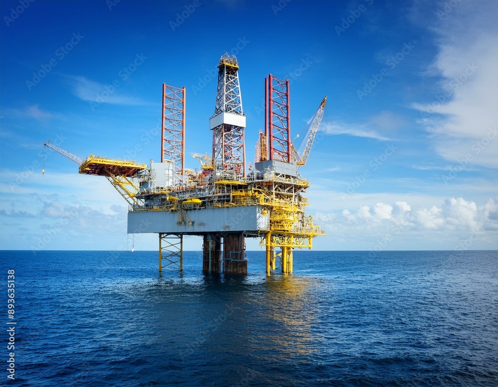 Oil rig in the sea on a sunny day with blue sky. Offshore oil drilling. Generative AI Oil rig in the sea on a sunny day with blue sky. Offshore oil drilling. Generative AI