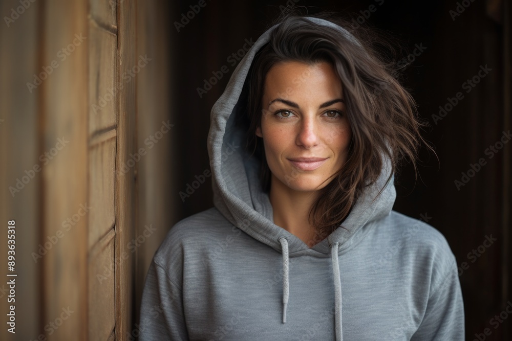 Portrait of a tender woman in her 30s sporting a comfortable hoodie isolated in rustic wooden wall Portrait of a tender woman in her 30s sporting a comfortable hoodie isolated in rustic wooden wall
