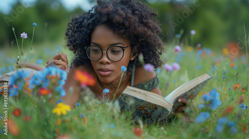 A telephoto angle photo of an African curly girl lying on her stomach in a grassy field, flipping through a book with her glasses giving her a studious look, surrounded by wildflow photo