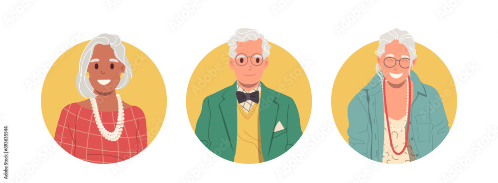 Round portrait of happy grey-haired senior man and elderly woman wearing trendy fashion outfit Round portrait of happy grey-haired senior man and elderly woman wearing trendy fashion outfit