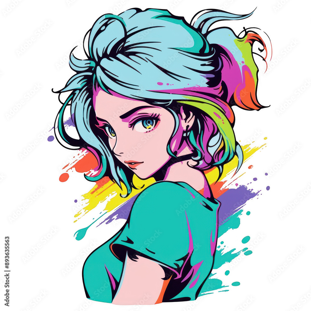 Colorful Anime Girl with Blue Hair and a Green T-Shirt Colorful Anime Girl with Blue Hair and a Green T-Shirt