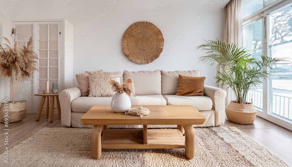 Fototapeta premium Scandi interior design with beige sofa,wooden boho table and carpet in modern coastal living room. AI generated