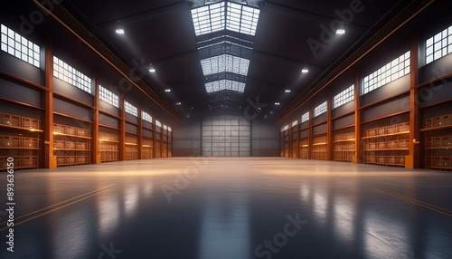 Three dimensional render of dark empty warehouse. AI generated