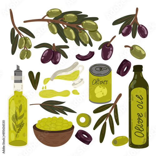 Vector set of popular briny Mediterranean snack raw green olives. Isolated olive branch and leaves,olive oil bottles.