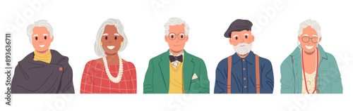 Portrait of trendy fashion old senior people cartoon characters wearing modern casual clothing