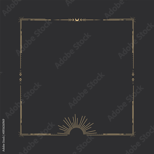 Gold celestial minimal esoteric frame, thin line border, mystyc linear decoration with dots, moon, stars corners isolated on dark background. Geometric shape, tarrot 