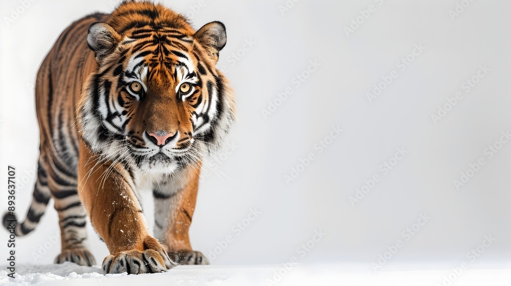 Obraz premium Striking Bengal Tiger Walking Purposefully on White Background with Copy Space