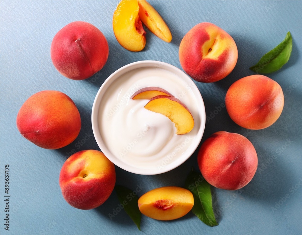 Yogurt and fresh peaches, background. Top view. Generative AI Yogurt and fresh peaches, background. Top view. Generative AI