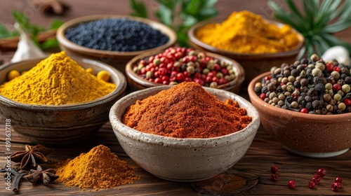 Fototapeta Naklejka Na Ścianę i Meble -  Assorted aromatic spices in handmade ceramic bowls on a wooden table, gourmet spice blend, culinary artistry